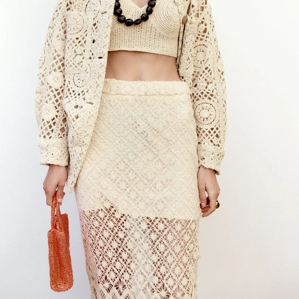 ZARA CROCHET STRAIGHT SKIRT ECRU - Picture 6 of 9